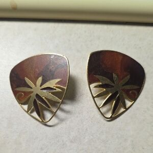 Vintage Edgar Berebi Pierced Statement Enamel Earrings Orange Gold 80s Glam